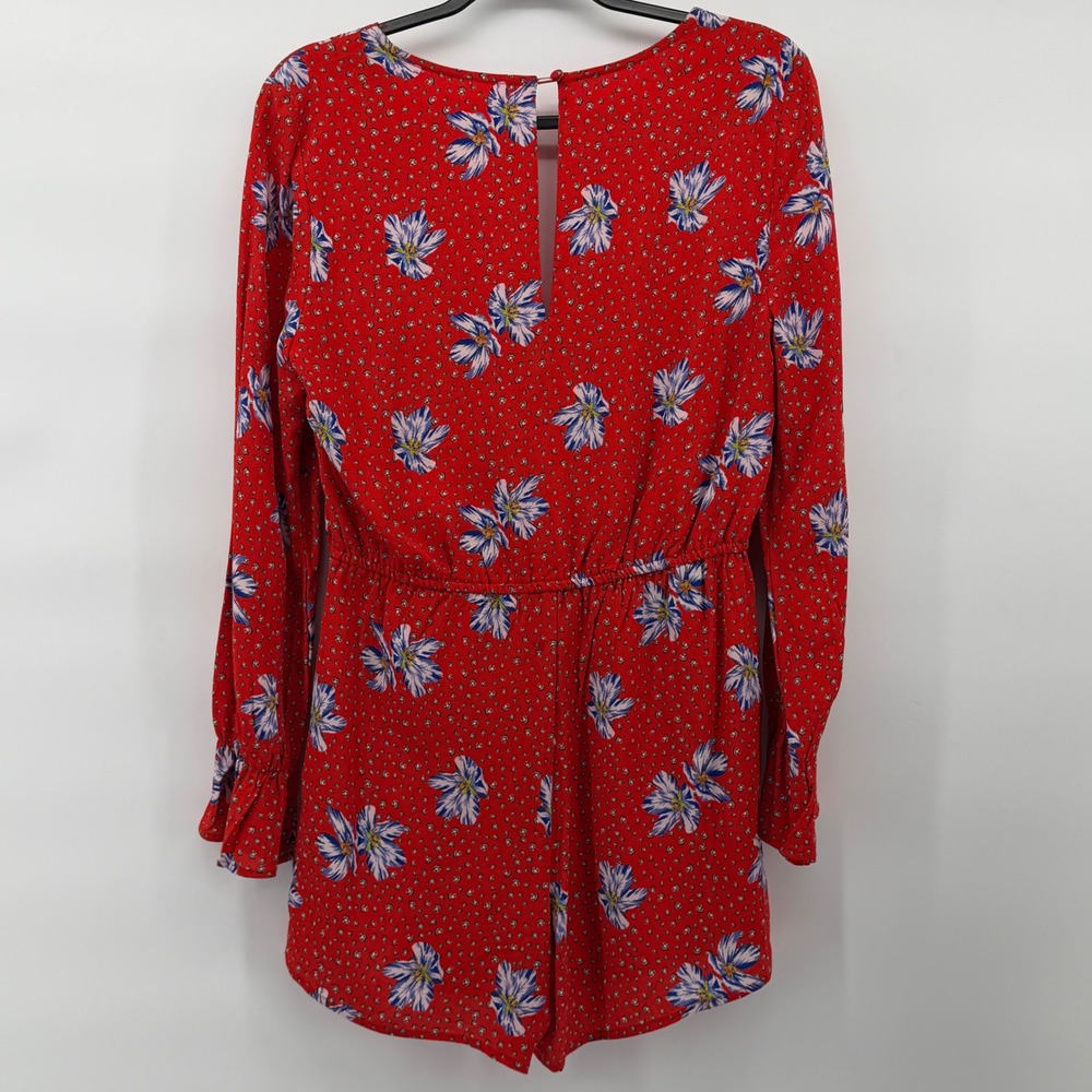 Willow & Clay Red Floral Print Long Sleeve Romper V-Neck Smocked women's Small - Picture 5 of 5